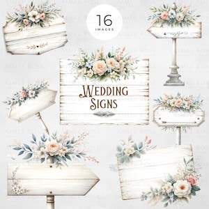 16 ślubnych znaków clipart zestaw w stylu shabby chic | Rustykalne kwiatowe obrazy PNG | Zaproszenia ślubne, scrapbooking, planer, dziennik śmieci