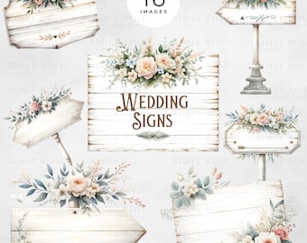 16 Wedding Signs Clipart Bundle Shabby Chic Style | Rustic Floral PNG Images | Wedding Invitations, Scrapbooking, Planner, Junk Journal