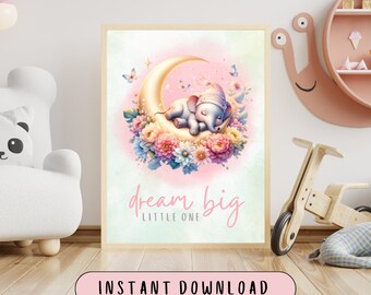 Arte imprimible de la guardería del elefante bebé, PDF de alta calidad, Dream Big Little One, póster de la guardería del bebé.