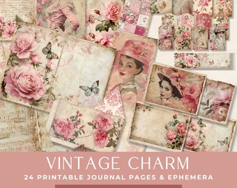 May include: Vintage charm junk journal kit with 24 printable journal pages and ephemera. The kit features images of roses, butterflies, women in hats, and vintage patterns.