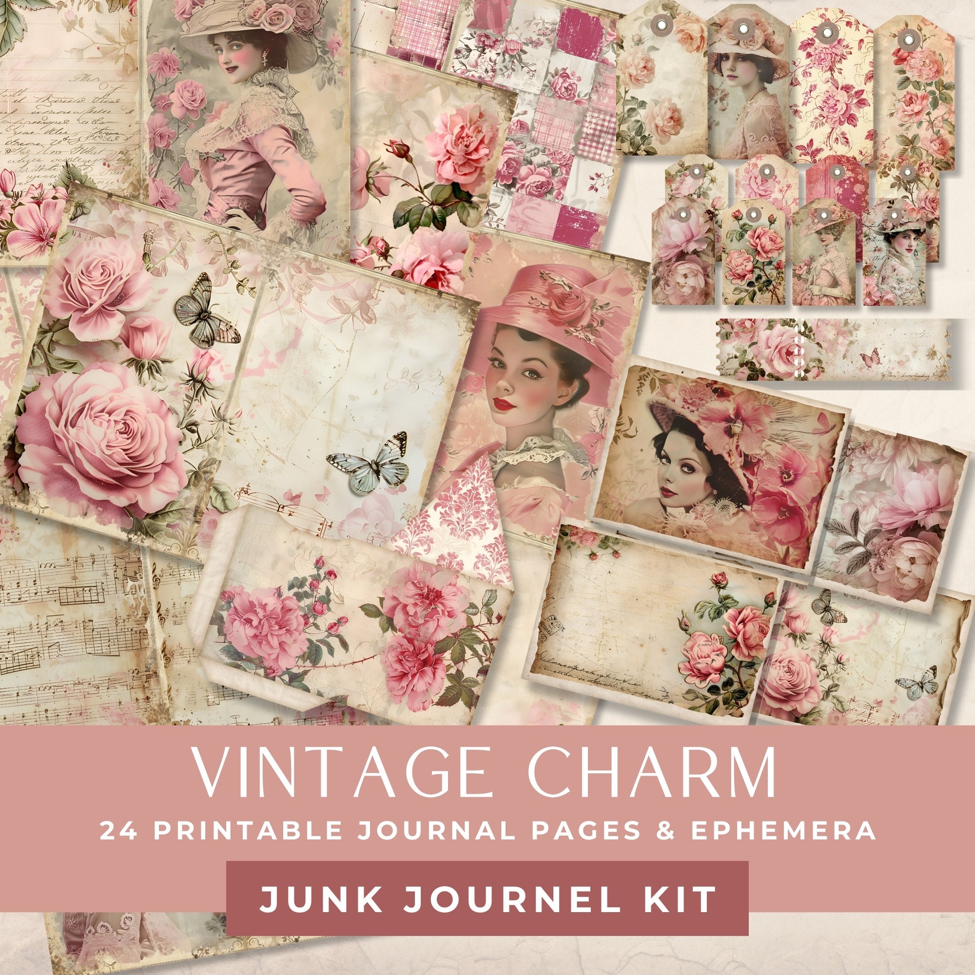Vintage Junk Journal Kit 24 Pink Rose Digital Pages, Tags & Ephemera ...