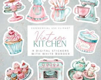 Vintage Kitchen Clipart Collection | 9 Printable Digital Stickers | Retro DIY Fridge Magnets | 300 DPI | Print Then Cut