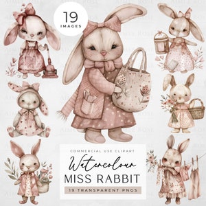 Aquarell Fräulein Kaninchen Clipart-Set - 14 PNG 300dpi | Kinderzimmer Kunst, Scrapbooking, Sublimation, Buchillustrationen, Junk Journals