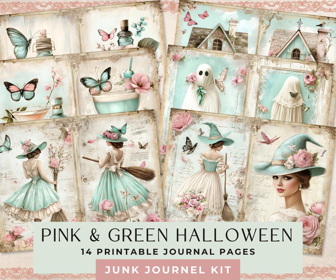 Shabby Chic Halloween Junk Journal Pages, Pink & Green Scrapbooking Kit ...