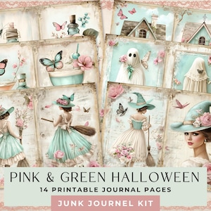 Shabby Chic Halloween Junk Journal Seiten, Pink & Grün Scrapbooking Kit, 14 druckbare doppelseitige Seiten, Vintage Hexe, Kürbis, Geist
