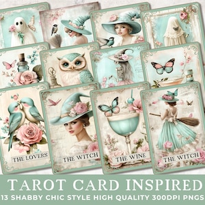 Shabby Chic Tarot Karten PNG Bündel | 13 Vintage Style Craft Bilder | Hexe, Skelett, Gespenst, Liebespaar, Eule | Sublimation, Junk Journals