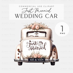 Hochzeitsauto PNG Clipart Just Married Vintage Style, Grußkarten, Einladungen, Drucke, Sublimation, Junk Journals & Planer