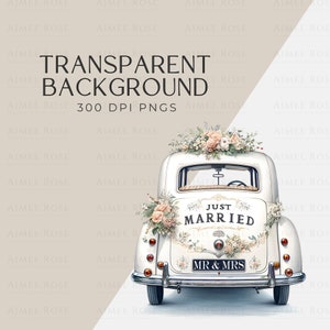 May include: A white vintage car decorated with flowers, with the words "Just Married" on the back. The image also includes the text "Transparent Background" and "300 DPI PNGs".