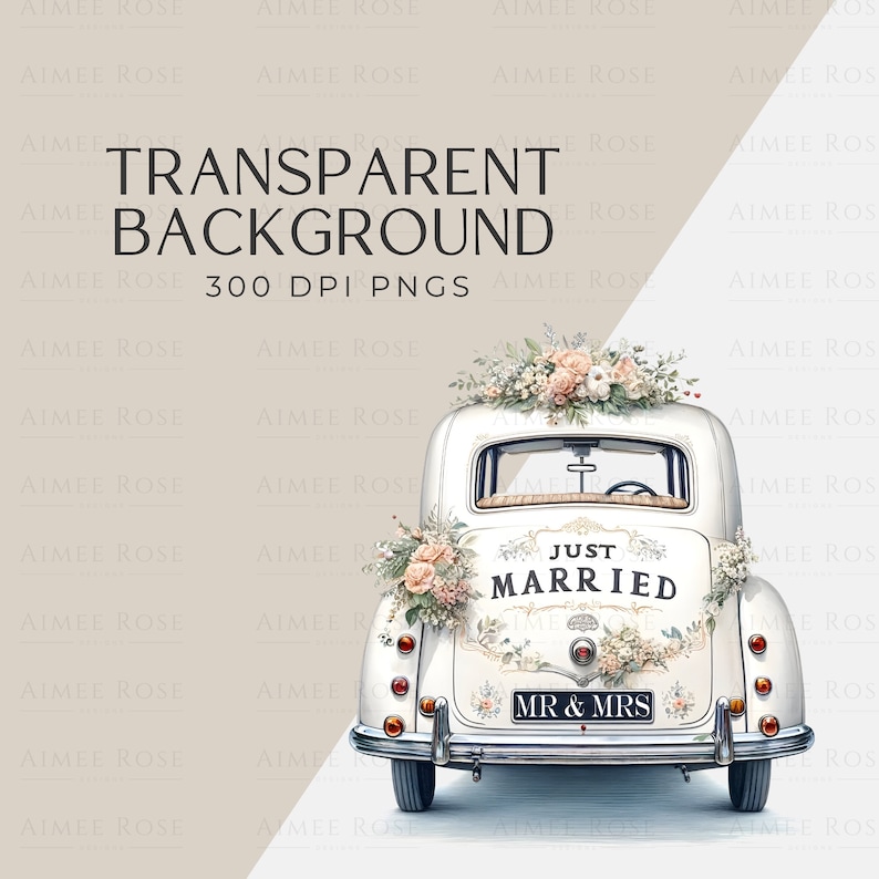 May include: A white vintage car decorated with flowers, with the words "Just Married" on the back. The image also includes the text "Transparent Background" and "300 DPI PNGs".