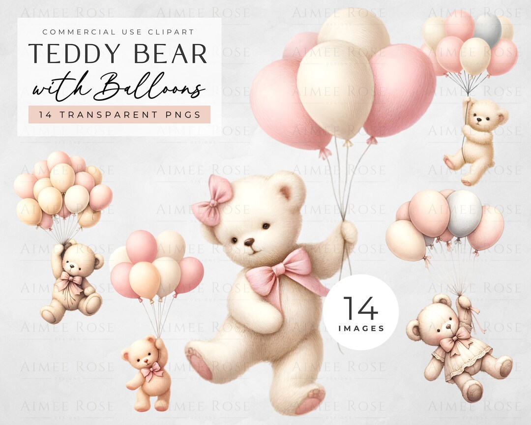 Watercolour Teddy Bear Clipart With Balloons - Pink and Cream - 14 Pngs ...