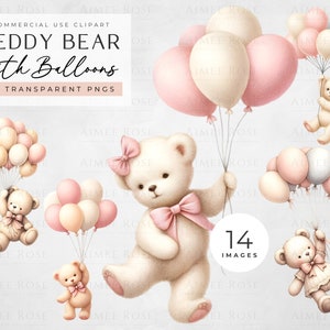 Acquerello Teddy Bear Clipart con palloncini - Rosa e crema - 14 PNG - Immagini carine e pastello per artigianato, arte della scuola materna, inviti,