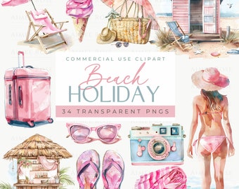 Beach Holiday Clipart Bundle - 34 Transparent PNGs | Watercolour Beach Vibes, Ice Creams, Deck Chairs, Summer Accessories | 300 DPI