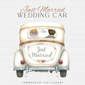 Vintage gerade verheiratet Hochzeitsauto PNG Clipart - Grußkarten, Einladungen, Drucke, Sublimation, kommerzielle Nutzung Clipart