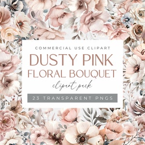 Dusty Pink Floral Bouquets Clipart - Watercolor Flower PNGs, Digital Download, Wedding Invitations, Scrapbook Supplies, Commercial Use