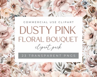 Clipart de bouquets de fleurs rose poudré - PNG de fleurs aquarelle, téléchargement numérique, faire-part de mariage, fournitures de scrapbooking, usage Commercial