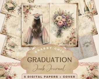 Páginas digitais do Junk Journal de formatura, artesanato de páginas para impressão Shabby Chic, JPEGs de scrapbooking, 11 x 8,5
