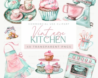 Collezione di clipart da cucina vintage - Elettrodomestici da cucina, utensili e dolcetti da forno in stile acquerello pastello - PNG per uso commerciale