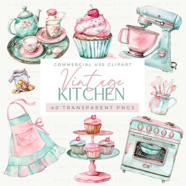 Vintage Kitchen Clipart Collection - Watercolour Style Pastel Kitchen Appliances, Utensils, and Bakery Treats - PNGs for Commercial Use