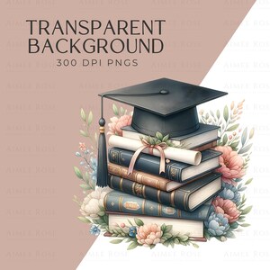 May include: A graduation cap sits atop a stack of books with a diploma tied with a ribbon. The books are surrounded by pink, blue, and white flowers.