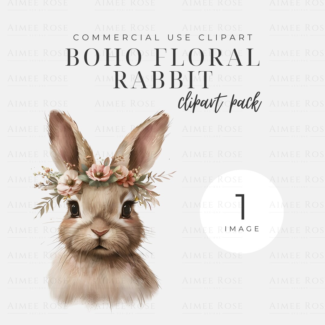 Boho Rabbit Clipart - Floral Crown Bunny PNG, High-resolution Digital ...