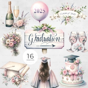 Pacote de clipart de formatura Shabby Chic 2025 | Classe de 2025 | Elementos de formatura em aquarela | 16 imagens PNG | 300 DPI | Design floral vintage