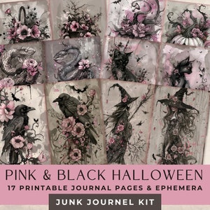 Kit de diario basura de Halloween rosa y negro - 17 páginas de diario digital, efímera - Imprimibles Spooky Shabby Chic, Scrapbooking gótico