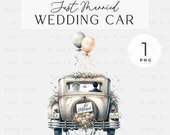 Vintage Just Married Wedding Car with Balloons Clipart | Greeting Cards, Invitations, Prints, Sublimation, Junk Journals & Planners