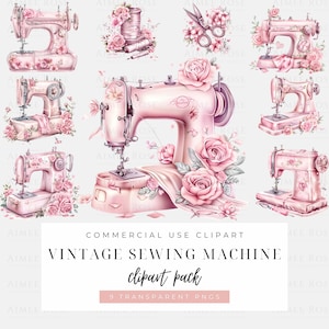 Digital Vintage Sewing Machine Clipart - High-Resolution PNG, Crafting and Sewing Illustrations, Floral Decorated Sewing Machines