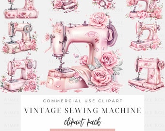 Digitale vintage naaimachine clipart - hoge resolutie png, knutselen en naaien illustraties, bloemen versierde naaimachines