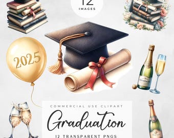 May include: A set of 12 digital clipart images themed around graduation. The images include a graduation cap, diploma, champagne bottles, champagne flutes, a balloon with the year 2025, and a stack of books with a graduation cap on top. The images are in a watercolour style and are ideal for creating invitations, cards, and other graduation-themed projects.
