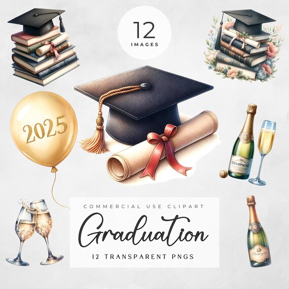 2025 Graduation Clipart Pack - 12 PNG Images, University Graduation, 300 DPI, High Resolution, Grad Cap, Diploma, Books