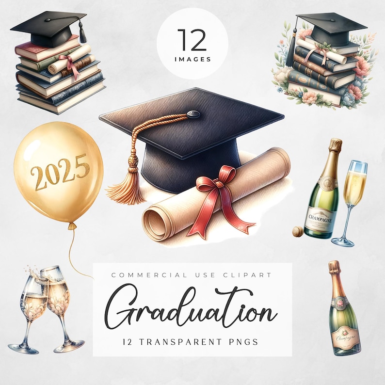May include: A set of 12 graduation themed digital clipart images. The images include a graduation cap, diploma, champagne bottles, champagne flutes, a balloon with the year 2025, and a stack of books with a graduation cap on top. The images are in a watercolor style and are perfect for creating invitations, cards, and other graduation-themed projects.