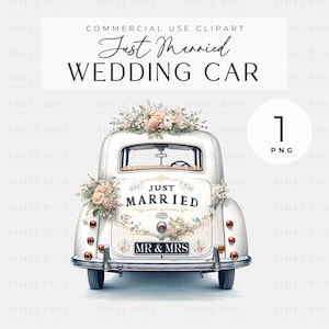 Just Married Wedding Car PNG-clipart vintage stijl - wenskaarten, uitnodigingen, prints, sublimatie, junkjournals en planners