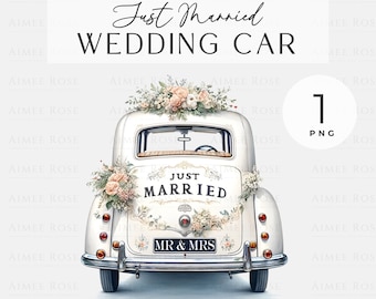 Just Married Wedding Car PNG Clipart Vintage Style - Greeting Cards, Invitations, Prints, Sublimation, Junk Journals & Planners