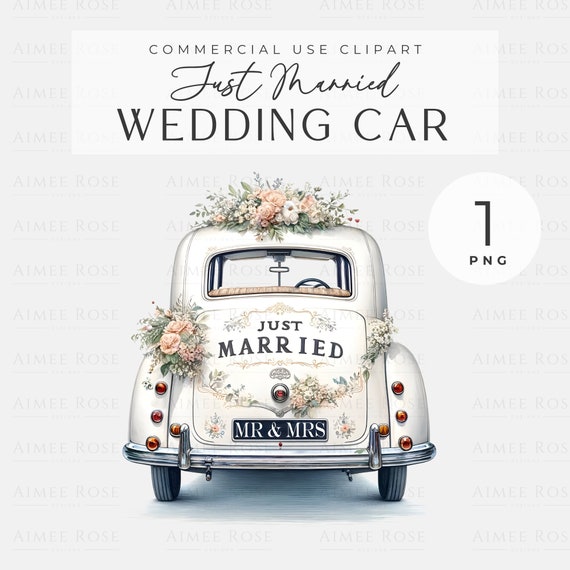 Just Married Wedding Car PNG Clipart Vintage Style - Greeting Cards, Invitations, Prints, Sublimation, Junk Journals & Planners