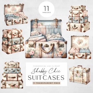 11 Shabby Chic Koffer Clipart, Vintage Koffer Illustrationen, Scrapbooking, DIY-Projekte und Printables. PNG-Bilder, 300 DPI,
