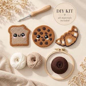 Punch-Needle-Untersetzer-Set (Toast, Keks und Croissant), DIY-Bastelgeschenk für Anfänger, Deko-Projekt für Zuhause, Weihnachtsgeschenk