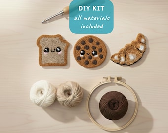 Punch Needle Coaster Kit (toast, koekje en croissant), doe-het-zelf cadeau voor beginners, woondecoratieproject, kerstcadeau