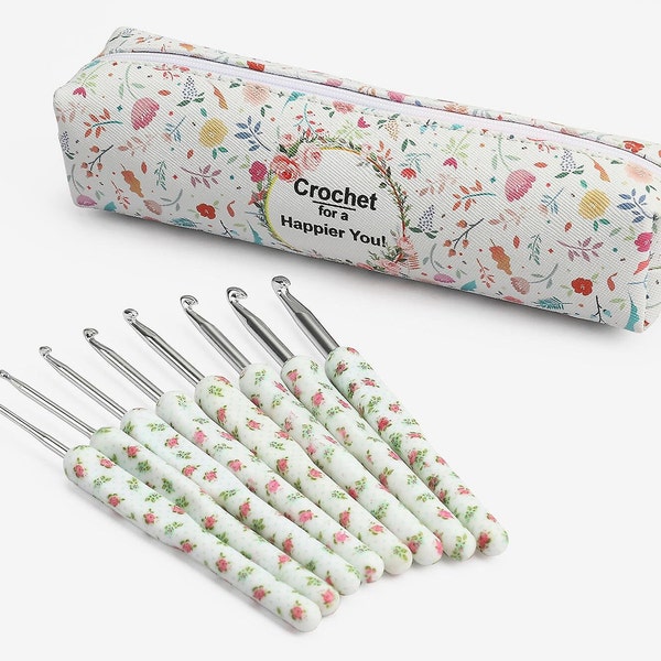 Crochet Love Geschenk Nadel-Set für Anfänger Floral Aufbewahrungstasche Muttertagsgeschenk Jahrestag Oma Geschenk Ergonomischer Griff Aluminiumnadeln