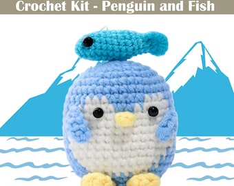 Crochet Kit Penguin and Fish, Diy Amigurumi, Crochet Beginners Gift, Craft Adults Gift, Friend Crochet Lover Gift, Material and Instructions