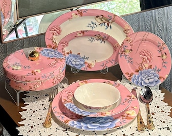 Pink Bird 28 Pieces 6 Person Dinnerware Set, Dinnerware Set 28 Piece and 6 Person, Flower Dinnerware Set, Europe Porcelain Floral Dinner Set