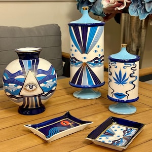 Blue Eye Vase, Blue Eye Canister, Blue and Gold Ceramic Vase, Modern Home Decor, Blue Eye Decor