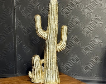 Giant Gold Cactus Statue - 22.4 inches Polyester Cactus Sculpture - Polyresin Saguaro Cactus Statue - Boho Desert Decor - Southwestern Decor