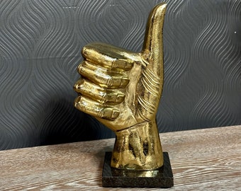 Thumbs Up Brass Hand Sculpture Marble Base, Gold Thumbs Up Hand Gesture, Hand Gesture, Hand Sign Decor, Like Emoji Gold Metal