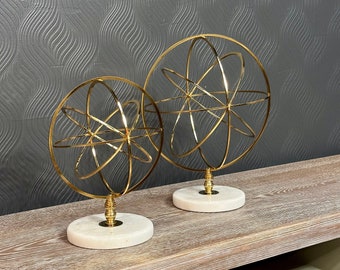 Gold Sphere with Marble Base Set of 2, Circle Home Decor, Gold Metal Sphere Ornament,Living Room Accessory, Modern Decorative Sculptures