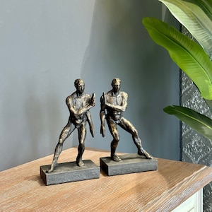 Muscular Men Bookends, Two Muscular Male Athletes Pushing Hard, Push and Pull Men Bookends, Man Pushing Stone Bookends - set of 2
