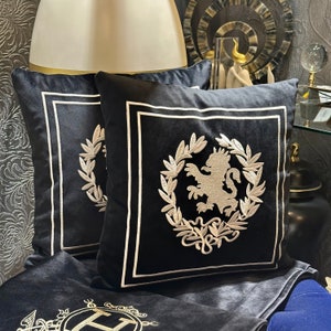 Gold Embroidered Black Crown Velvet Pillow, Black Throw Pillow, Embroidered Lion Cushion Cover