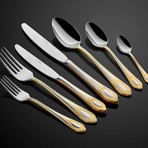 89 Teiliges 12 Personen 24K Gold Vintage Besteck Set, Silberbesteck Set, Exklusives Besteck Set, Elegantes Vintage Geschirr Set