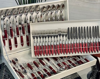 75 pcs 12 Person Red Pearly Dinnerware Cutlery Set, Silver Tableware Set, Italian Style Dinnerware Set, Flatware Set, Luxury Kitchenware