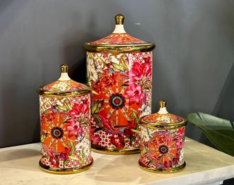Red Blossom Canisters with Lid, Ceramic Handmade Canisters